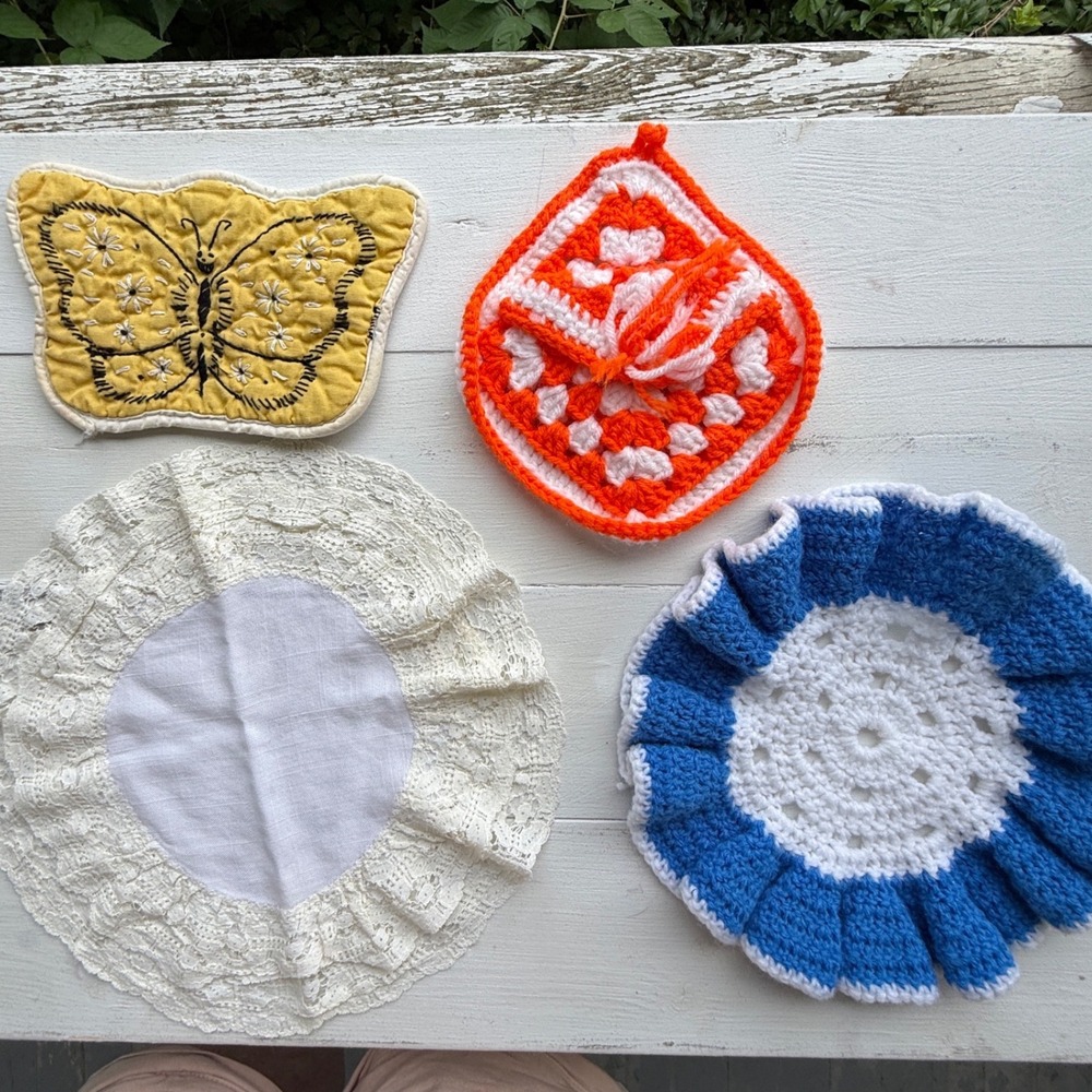 Vintage Handmade Crochet and Embroidered Kitchen Decor Potholders Doilies Set